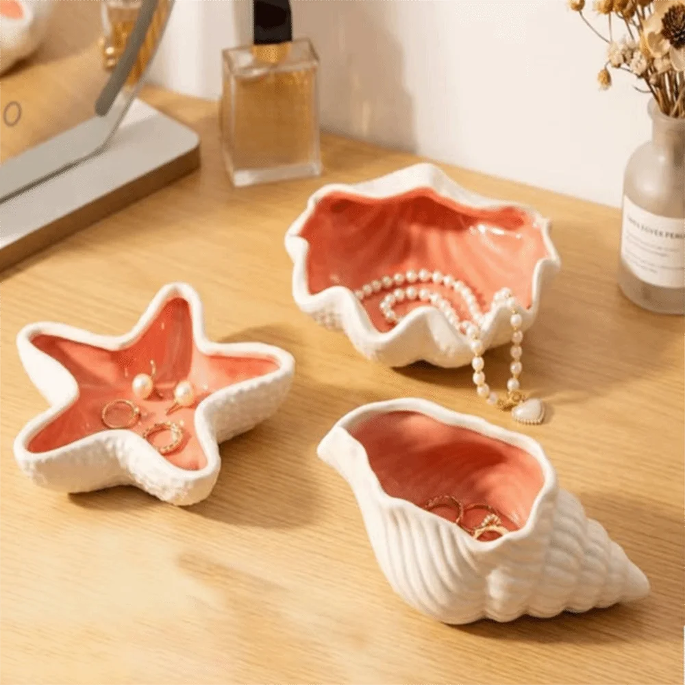 3D Starfish/Shell/Conch Shape Ceramic Jewelry Tray INS Multi-Functional Ring Earring Holder Space-saving Anti-Scratch