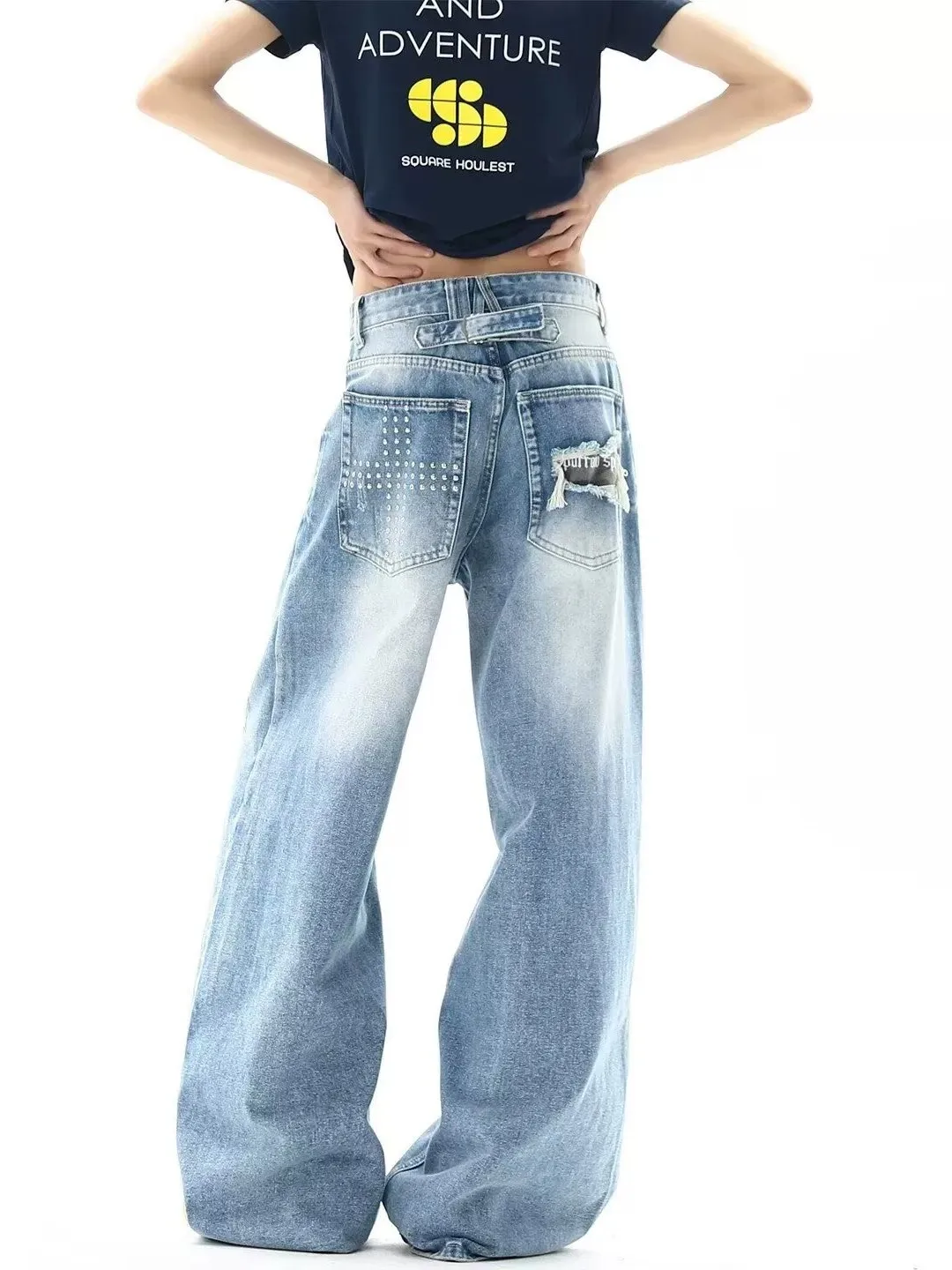 Calças Jeans Retrô Americanas com Furos e Rebites, Estilo Streetwear, Perna Larga, Lavadas, Soltas, Compridas, Casuais, Unissex