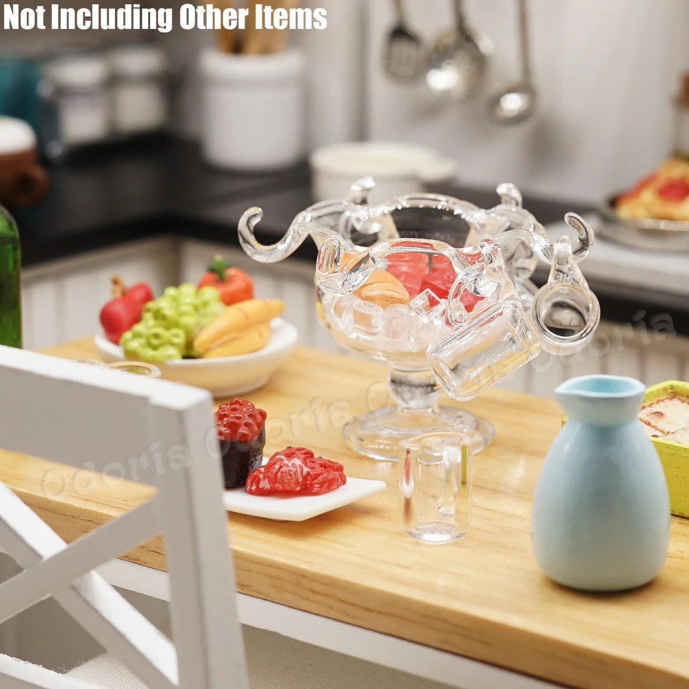 Odoria 1:12 Miniature Glass Cocktail Punch Bowl & 1 Spoon and 6 Cups Tableware Beer Mug Kitchen Set Doll House Accessories Decor