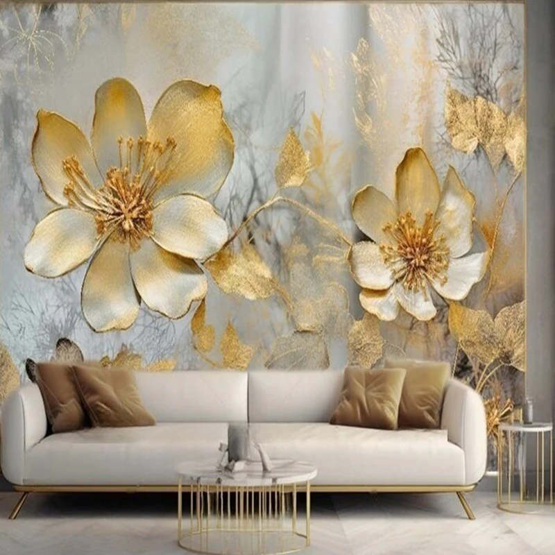 MU8851 Modern light luxury three-dimensional golden flower art TV sofa background wall