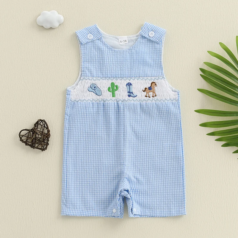

Baby Toddler Boys Rompers Western Elements Embroidery Stripe/Plaid Summer Clothes Casual Sleeveless Overalls Infant Jumpsuits