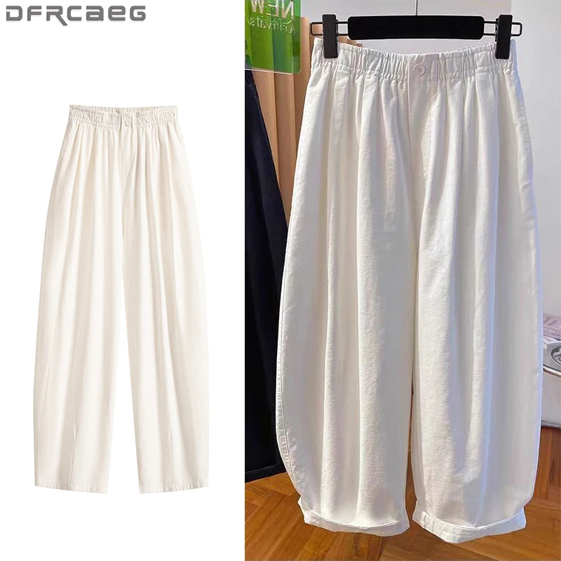 

Брюки больших размеров, женские летние 2023, новые модные льняные брюки с высокой эластичной резинкой на талии, свободные стильные белые или черные брюки большого размера