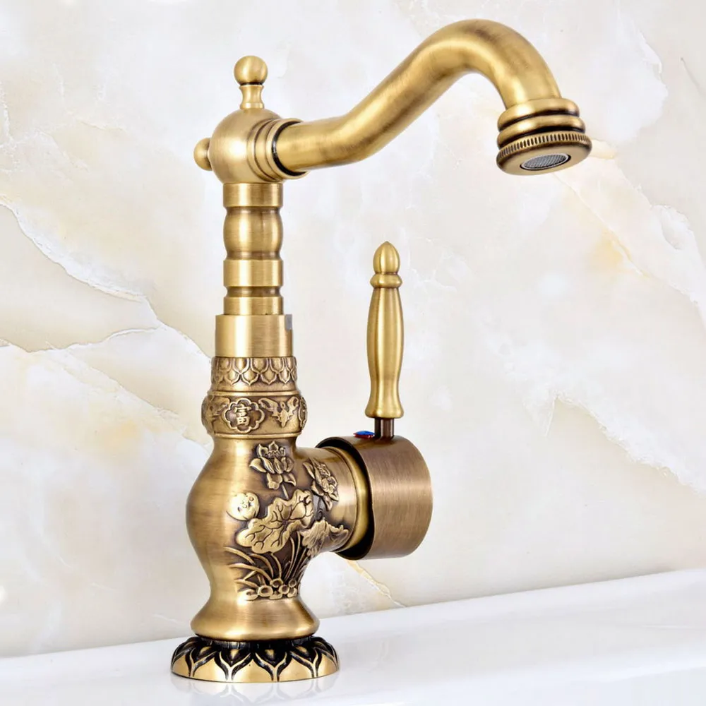 

Carved Flower Pattern Antique Bronze Single Handle Bathroom Kitchen Basin Sink Faucet Mixer Tap Swivel Spout Deck Mounted msf127