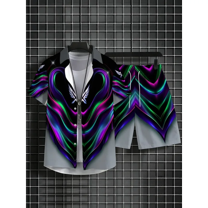 Men's Neon Print Shirt And Shorts Two Piece Set Polyester Summer Beach Pool Party Casual Outdoor Wear Outfit view 3