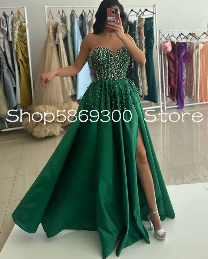 Sparkly Green Ankle-length Evening Formal Dresses 2025 Luxury Crystal Pearls High Slit Arabic Prom Occasion Gown Customsized