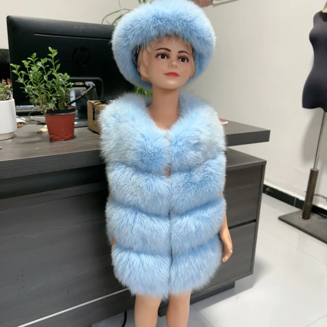 Children's fur vest and headband set, 100% Real fox fur vest and headband, children's spring and autumn Kids fur leather jacket