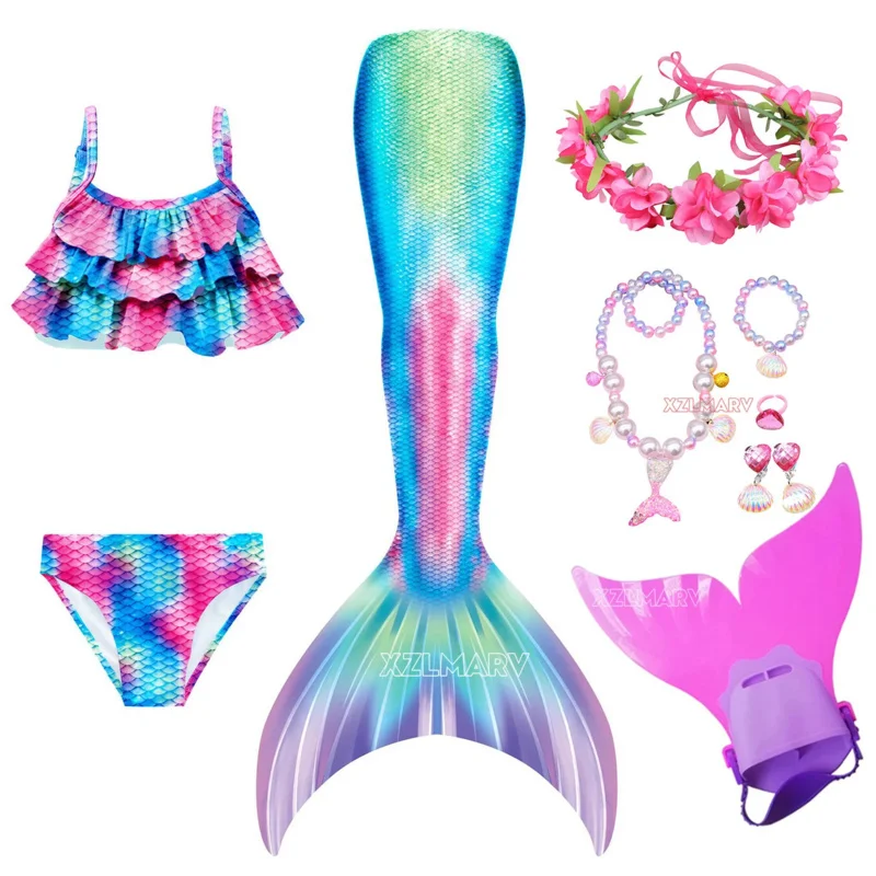 หางนางเงือกน้อยคอสเพลย์สำหรับเด็กชุดเสื้อชายทะเลหางนางเงือกสาวพร้อมชุดบิกินี่