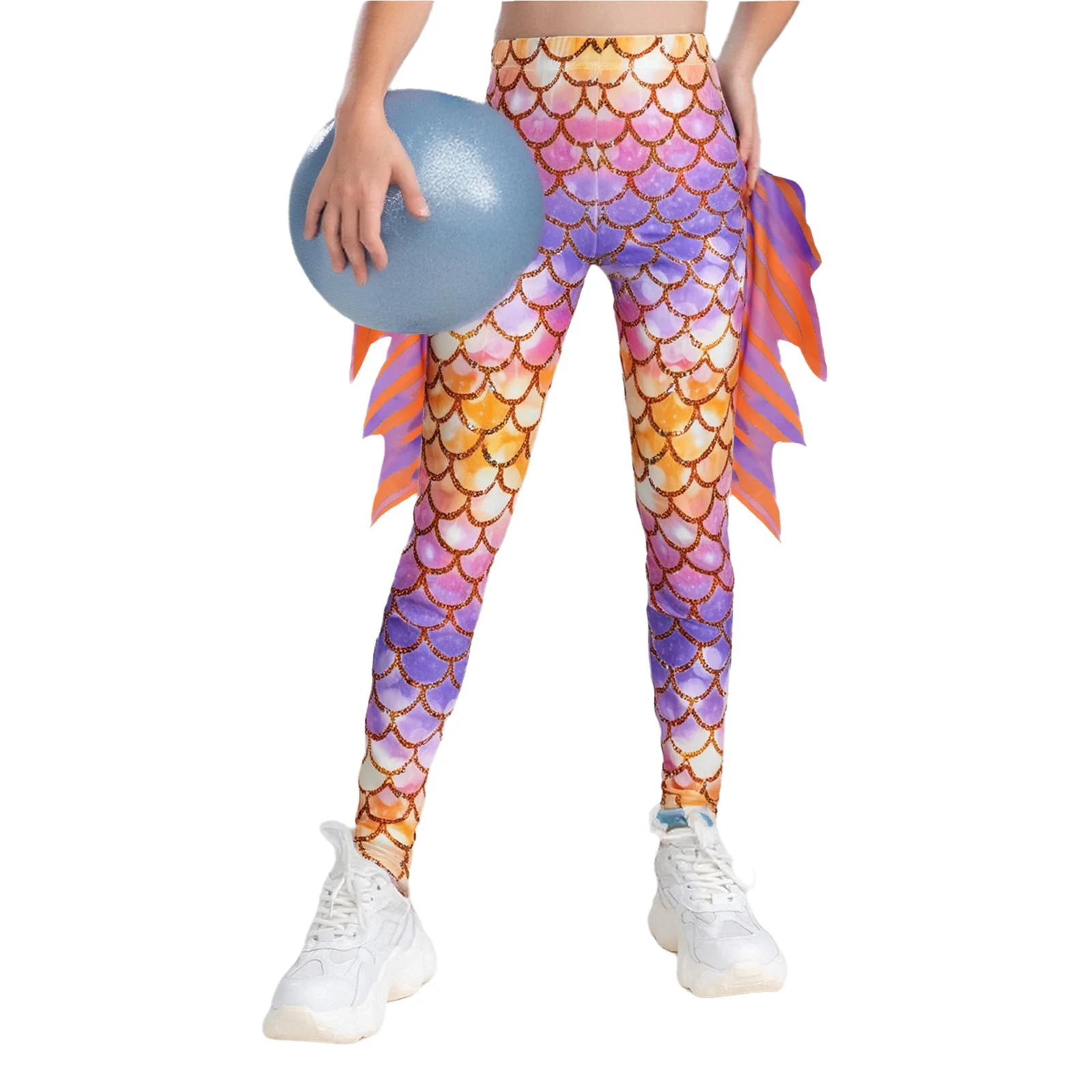 2Pcs Kids Girls Fish Scale Printed Mermaid Leggings Gradient Color Yoga Pants Halloween Theme Party Birthday Photography Costume
