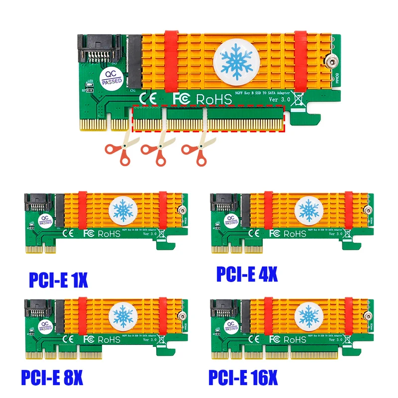 PCI Express para M.2 Adaptador SSD NGFF, SATA-Bus, B Key, Slot PCIE, dissipador de calor, Cabo SATA para 2230-2280 Tamanho, m.2 Full Speed, Raiser