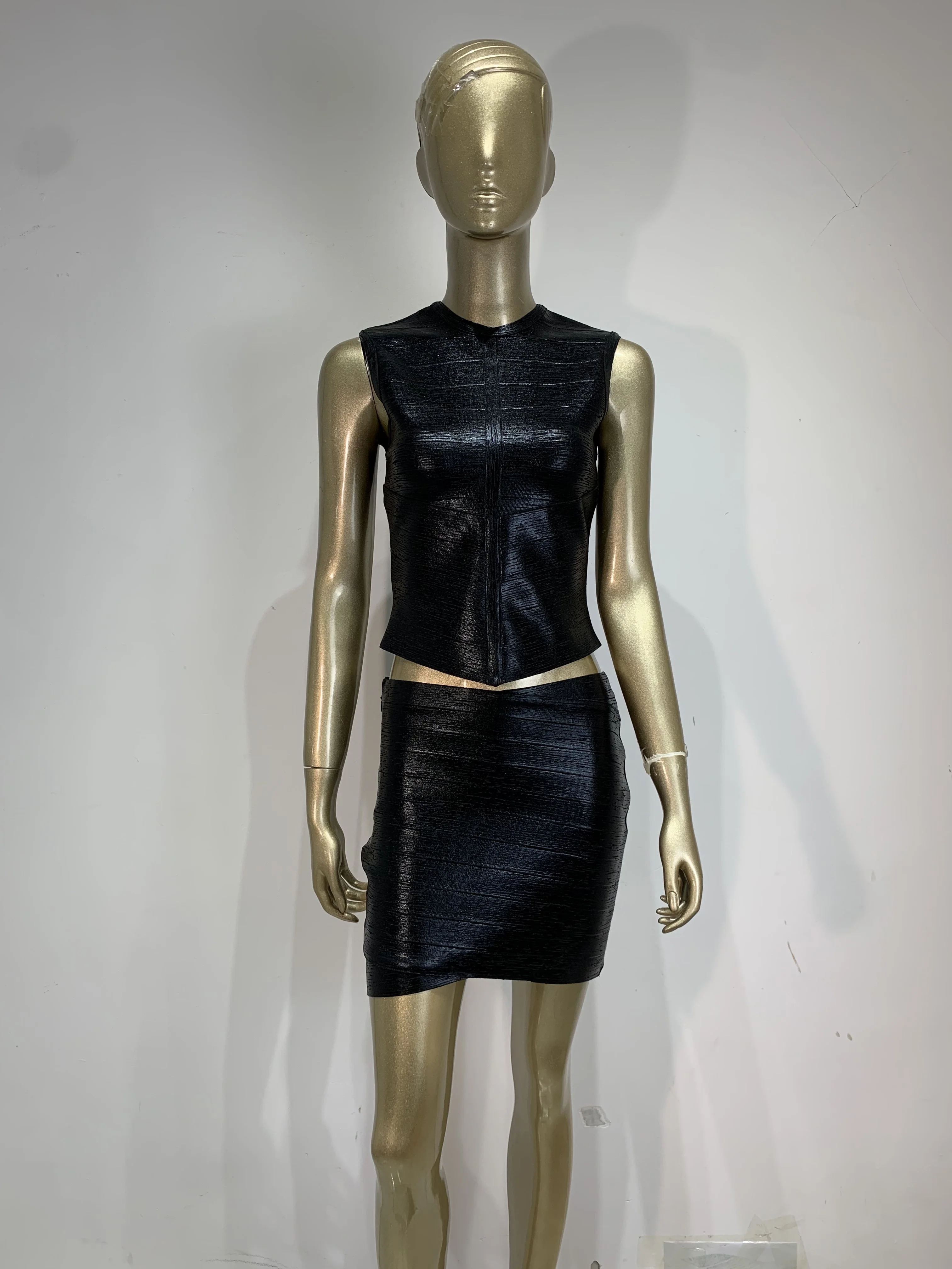 Women Black Silver Bodycon Mini Bandage Two Piece Set Evening Party Birthday Nightclub Singer Stage Outfit Fashion Women's Set