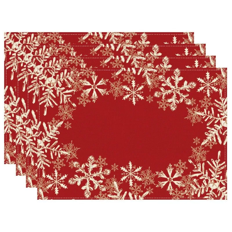 VIKAMA Linen Placemats Let It Snow Snowflakes, Red White Gold, Stain Resistant Easy to Clean, Holiday Party