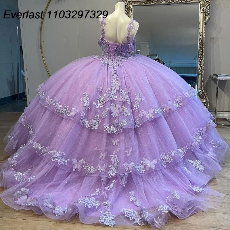 Evlast Glanzende Lavendel Quinceanera Jurk Baljurk Kanten Applique Kralen Gelaagde Ruches Corset Sweet 15 Vestido De 15 Anos Tqd597