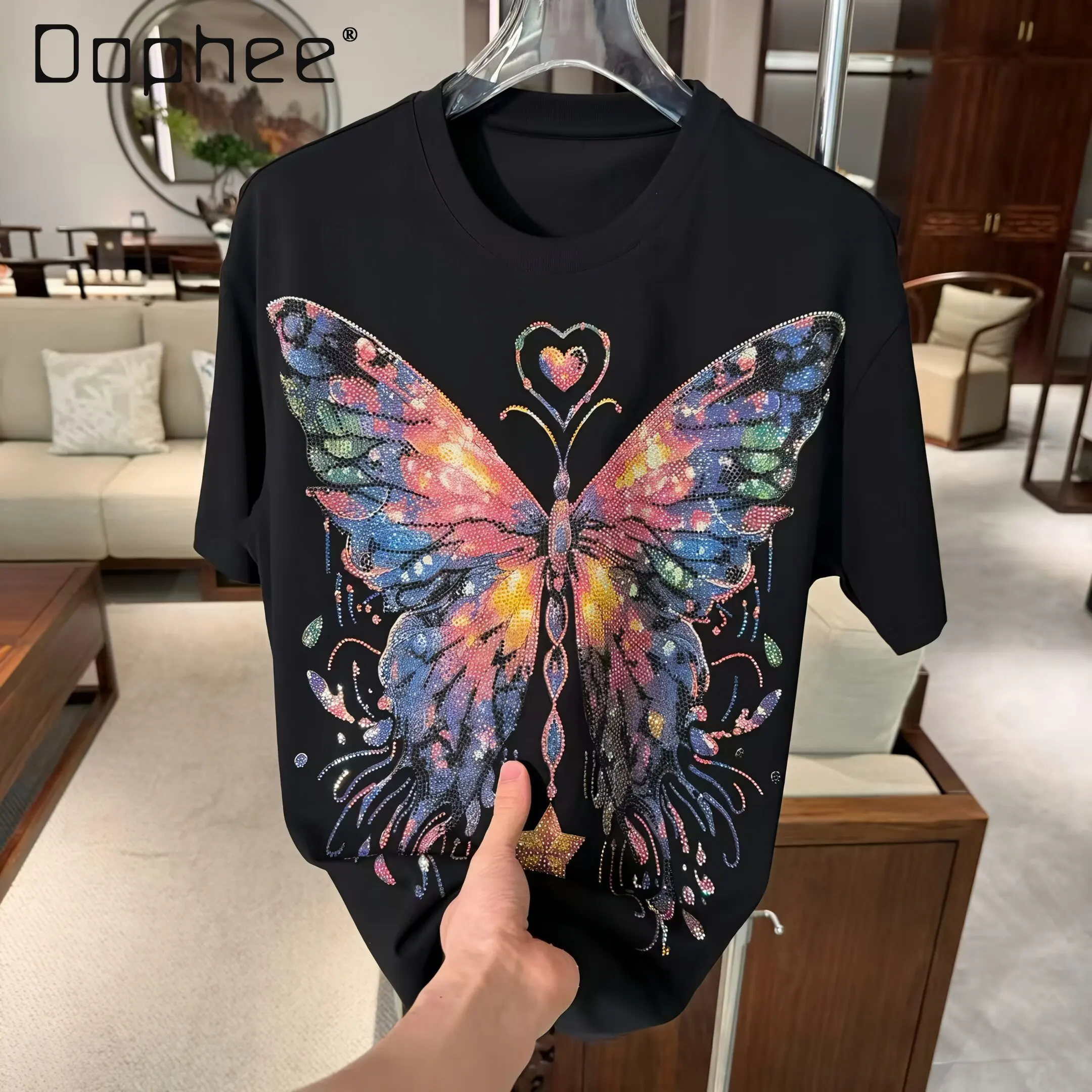 

2026 Summer New Men's Colorful Butterfly Rhinestone Fashion Loose Casual Black White Pink Round Neck Short Sleeve T-Shirt