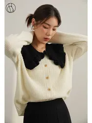 DUSHU Gentle Style Sweet Lotus Leaf Collar Knitted Sweater Women Winter Age-reducing Beautiful Western-style Top Female Cardigan