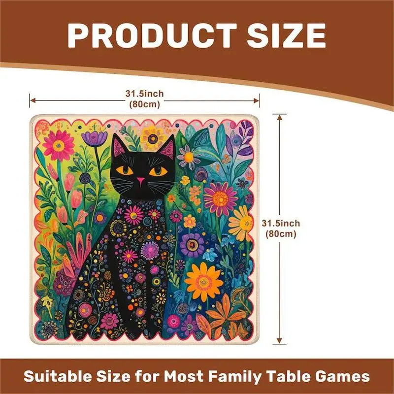 VIKAMA Wildflower Black Cat Print Mahjong Mat Non Slip Washable Portable Table Mat Cute Gift For Women Game Party