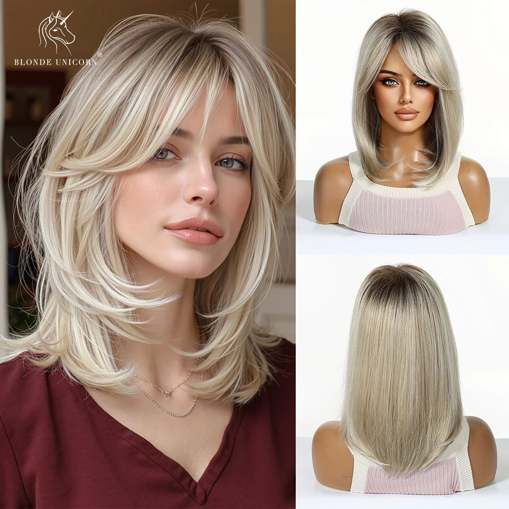 Blonde goldbraune Ombre lange gerade synthetische Perücke für Frauen mit Vorhang-Pony, hitzebeständiges Haar für Frauen, tägliche Party – Detail 14