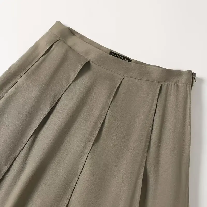 Dave&Di Fashion Office Ladies High Waist A-line Skirt Linen Viscose Blended Skirt Minimalist Army Green Pleated Skirt For Women