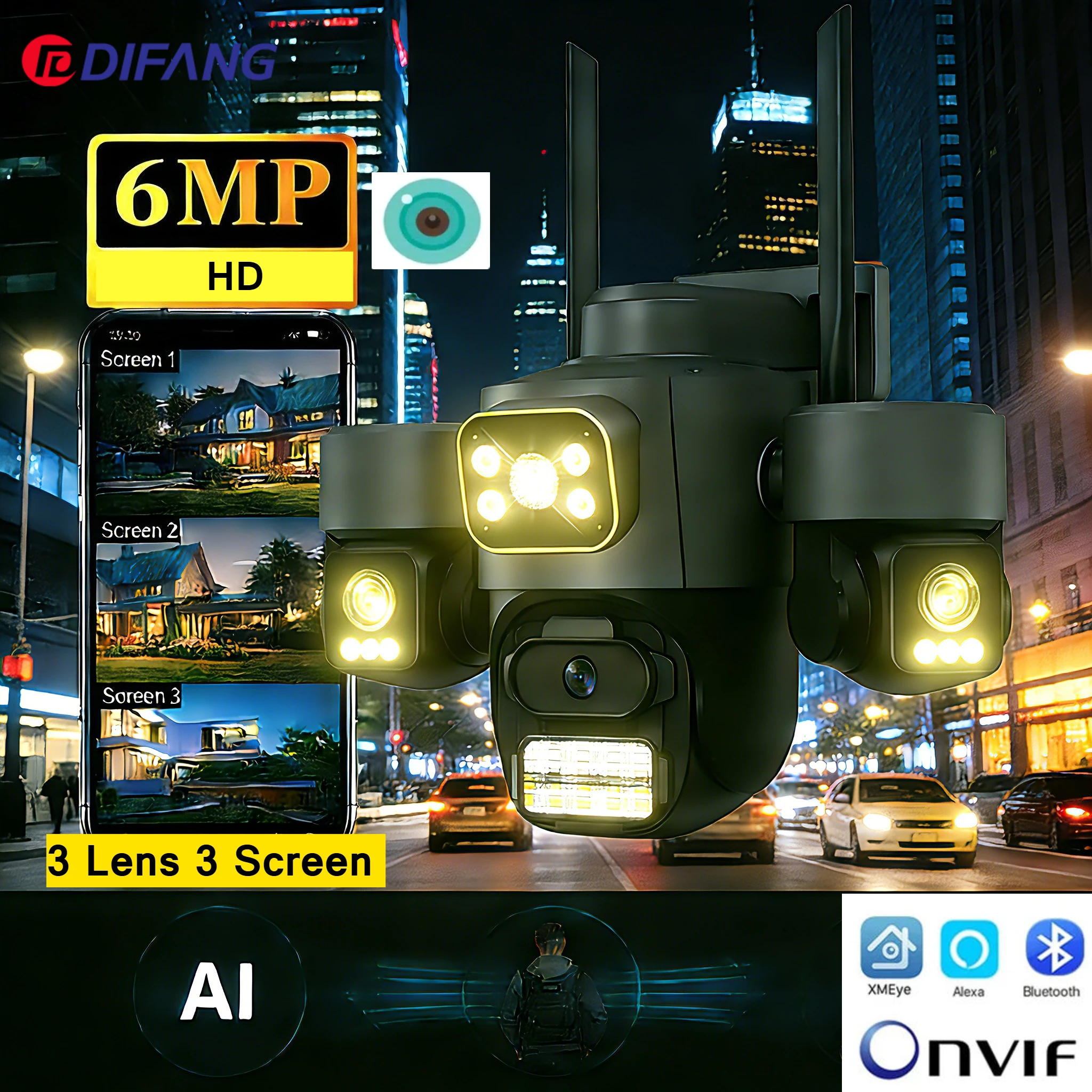 

6MP PTZ IP-камера для улицы с обзором 360° ° Камера видеонаблюдения для дома с ИИ-детектором человека, ONVIF, 3-экранная, водонепроницаемая, с ночным видением