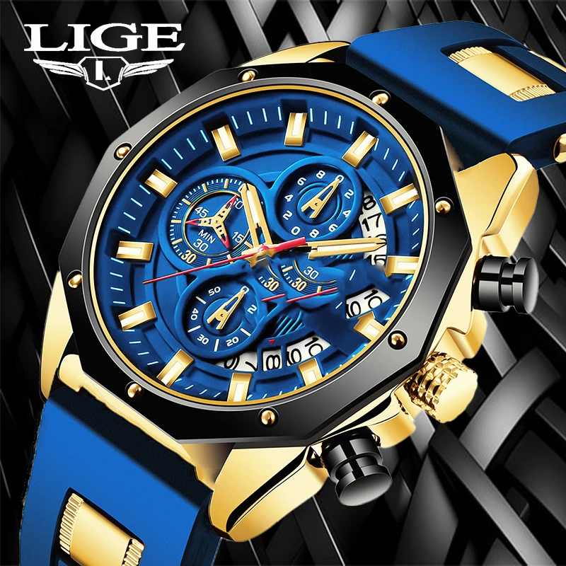 

LIGE Top Brand Luxury Men Watches Fashion Silicone Sport Watch Men Quartz Date Clock Waterproof Wristwatch Chronograph Clock Man