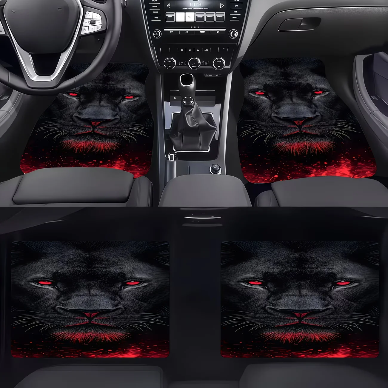Car Floor Mats, 4-Piece Set with Black Panther Pattern, Smooth Material, Deep Dark Appearance, Red Eyes and Whiskers Design, Suitable for Car Interior Decoration, Adding Dimension and Contrast to the Car Floor