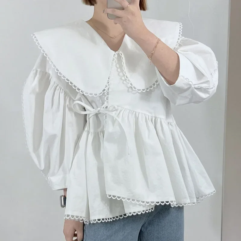 Gagarich Women Blouse Fashion Korean Chic Solid Lace Doll Collar Irregular Design Lace Bubble Sleeve Ruffle Shirt Tops