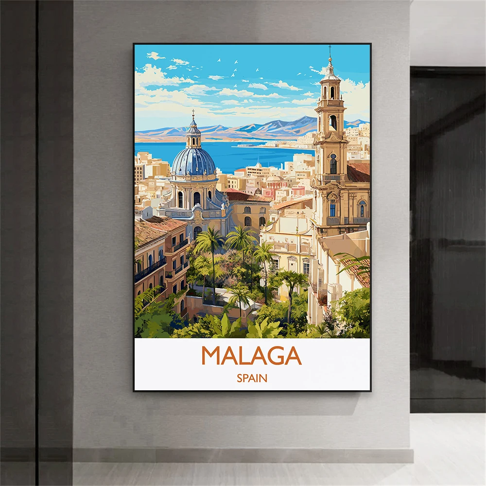 Póster impreso de viaje de Malaga, ciudad de España, póster colorido de viaje de ciudad, impresiones minimalistas de acuarela, pintura en lienzo, decoración del hogar