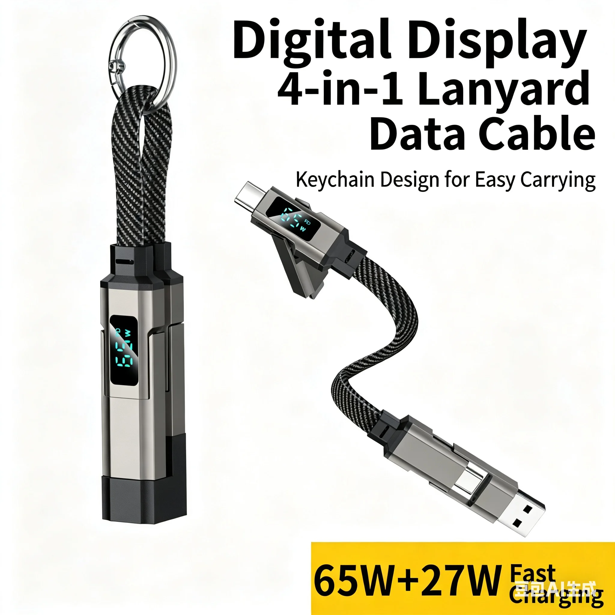 65W keychain digital display four-in-one PD fast charging cable, suitable for Apple and Huawei Type-C 5A mobile phone data cable image 5
