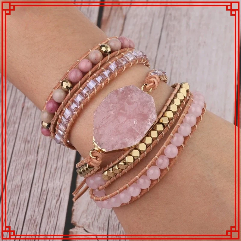 

Natural Crystal Stone Bracelet Pink Quartz Leather Wrap Bracelets for Women Rose Gems Crystal Beads Bohemia Jewelry 5 Strand