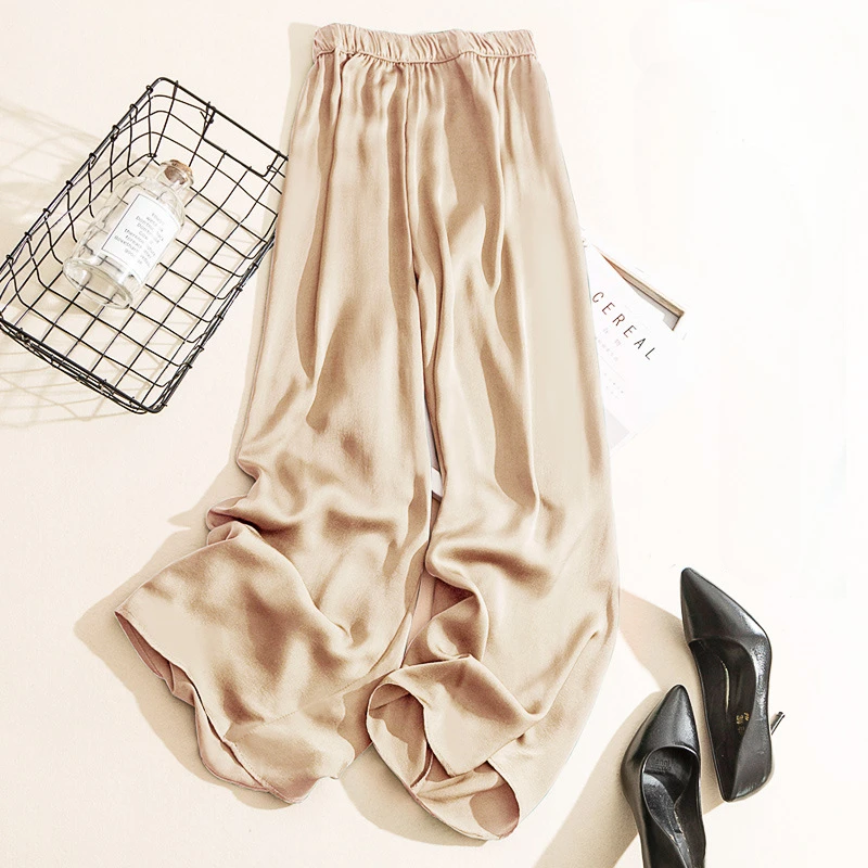 Korean style  High Waist Acetate Wide Leg Pants silk Trousers Acetate satin pants ankle-length women summer trousers SQ76