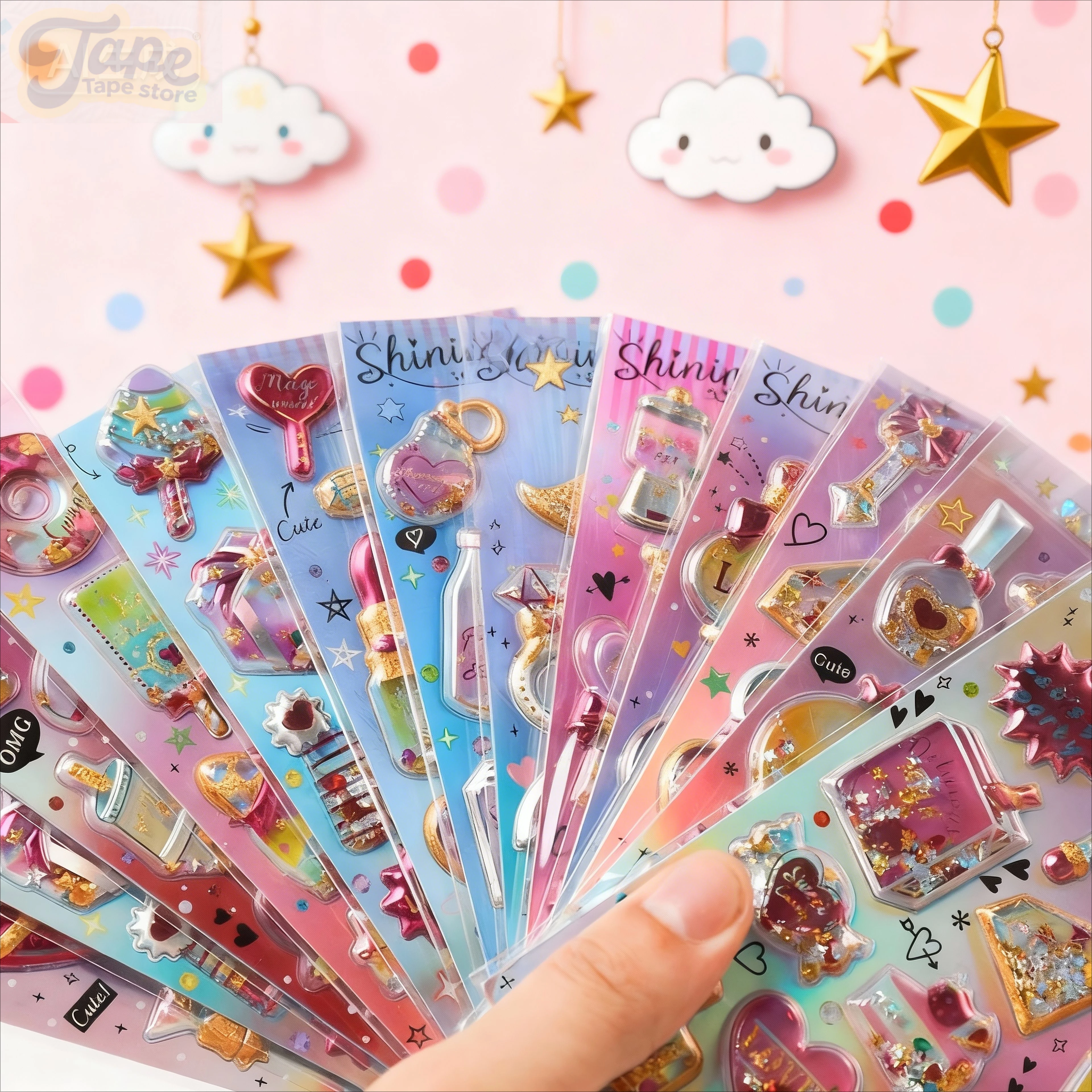 Cute 3D Puffy Stickers, Sparkly Gold Foil & Shaking Beads - Reusable, Shimmery Decals for Planners, laptops, Phones, DIY Gifts