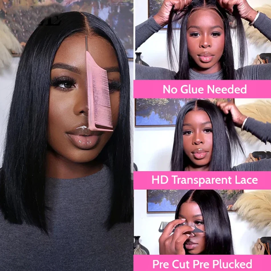 14Inch Short Glueless Wig Human Hair Ready To Wear Bone Straight Cheap Wigs Bob Straight PreCut HD Lace Frontal 180% Wigs OnSale