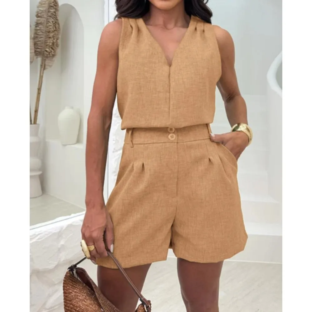 

2026 Fashion V Neck Short-Sleeved Women's Two-Piece Set Summer New Casual Sleeveless Pockets Short Pants Female Office Suit