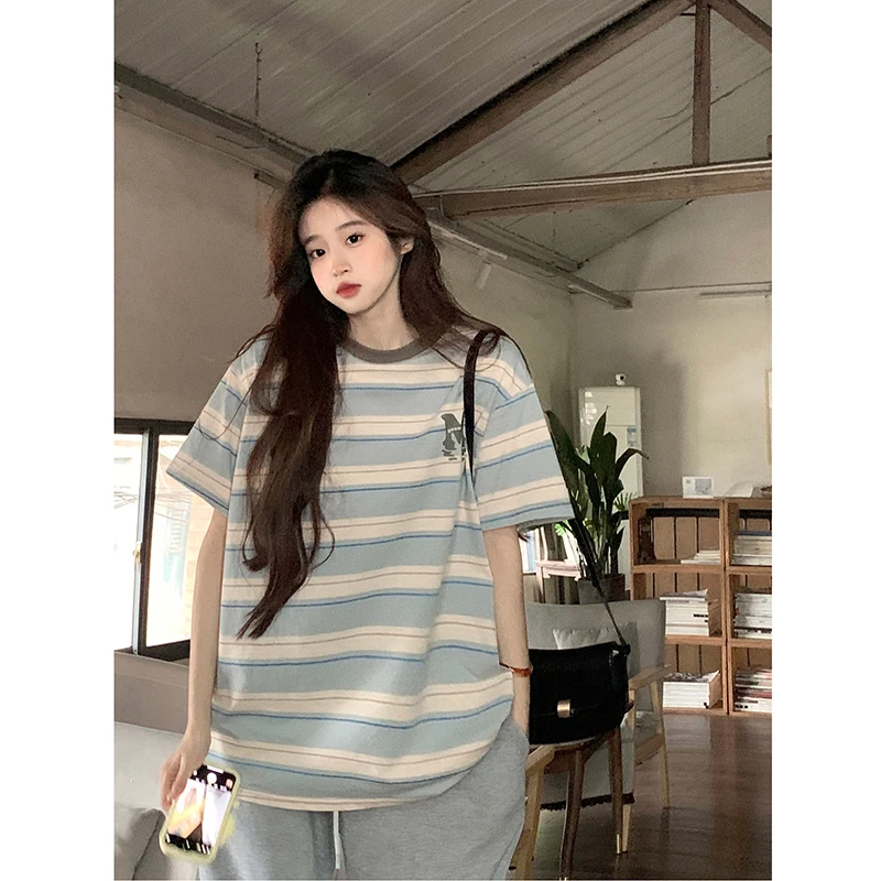 Cloud Color Short-sleeved T-shirt Women Summer Printing Loose Color Collision O-neck Versatile Tees Korean Women