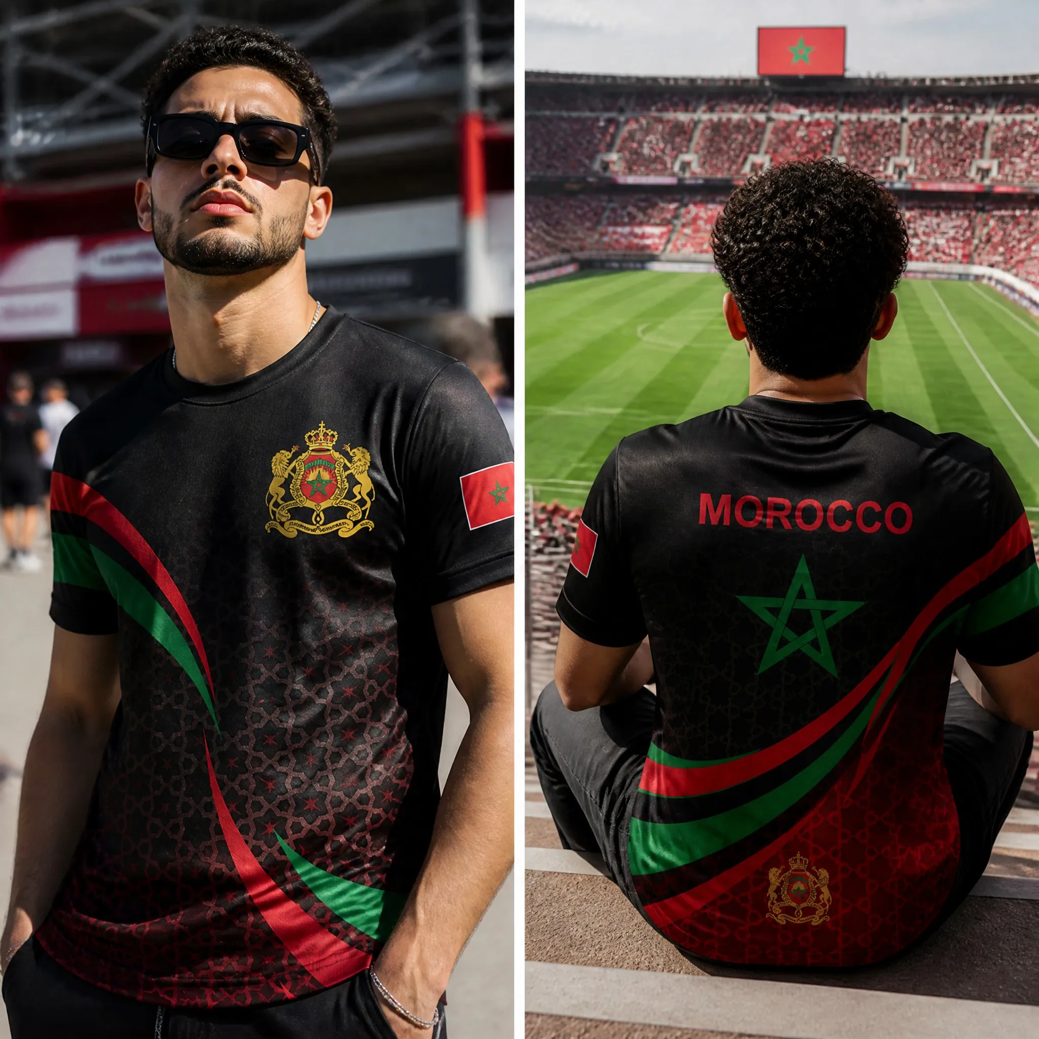 Morocco Mens Soccer Graphic T Shirt Black Red Green Sweep Print Short Sleeve Fan Streetwear with Crest Front and Star Back Style