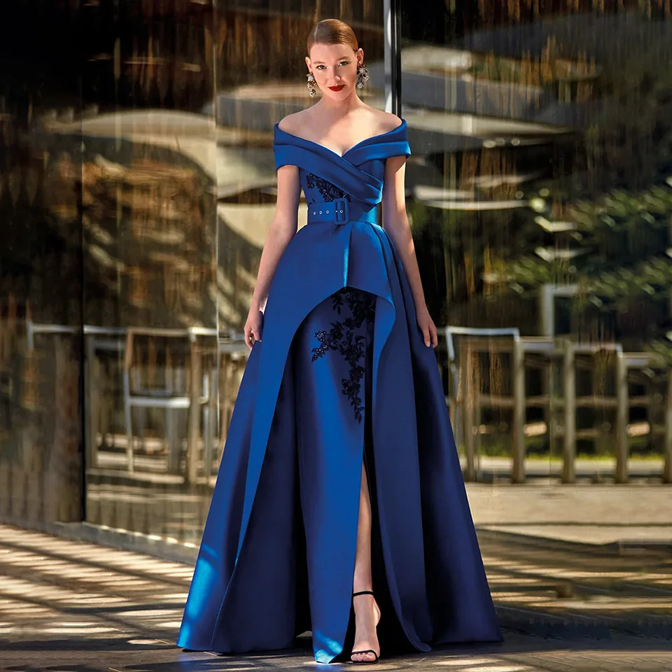 

Elegant Royal Blue A-Line Formal Evening Dress 2024 Off The Shoulder Satin Lace Appliques Floor Length Party Prom Gown For Women