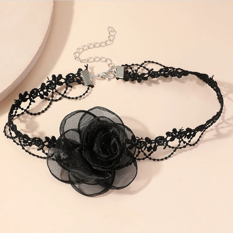 Fairy Style Temperament Black Camellia Choker Long Ribbon Vintage Hollow Lace Necklace for Women Sexy Neck Chain Gothic Jewelry