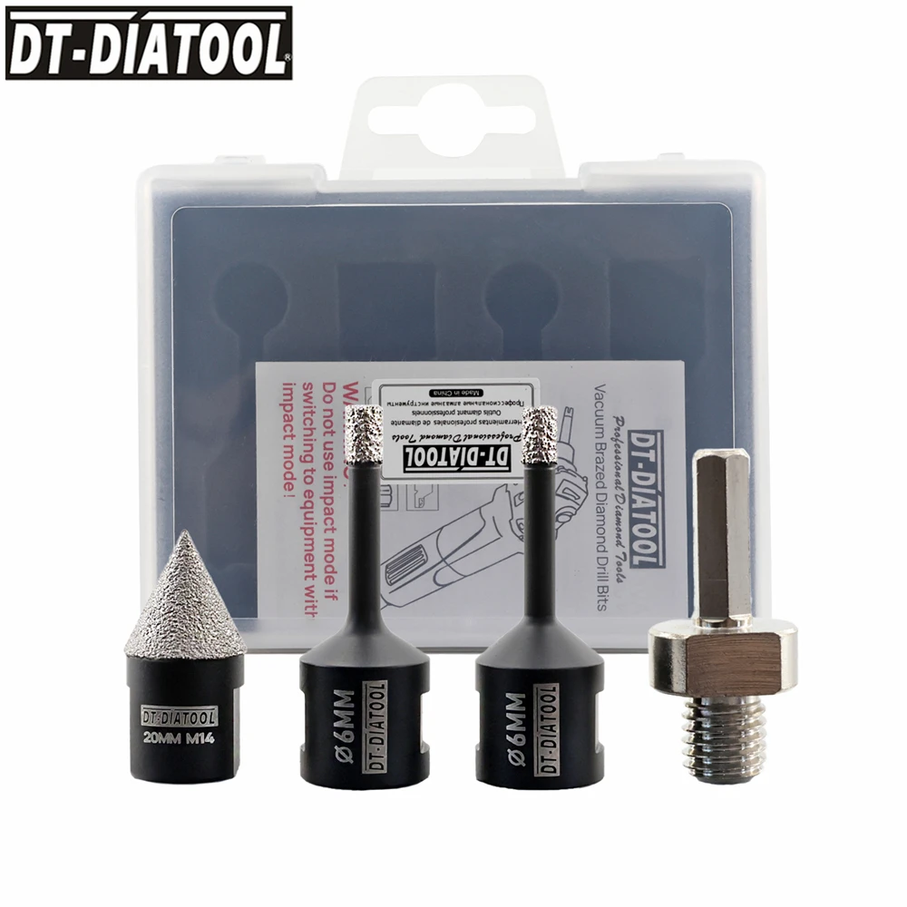 

DIATOOL 4pcs Diamond Drill Bits Set box 6/6mm 20mm Chamfer Bit HEX Hole Saw Porcelain Tile Cutter Granite M14 thread Hole Drill