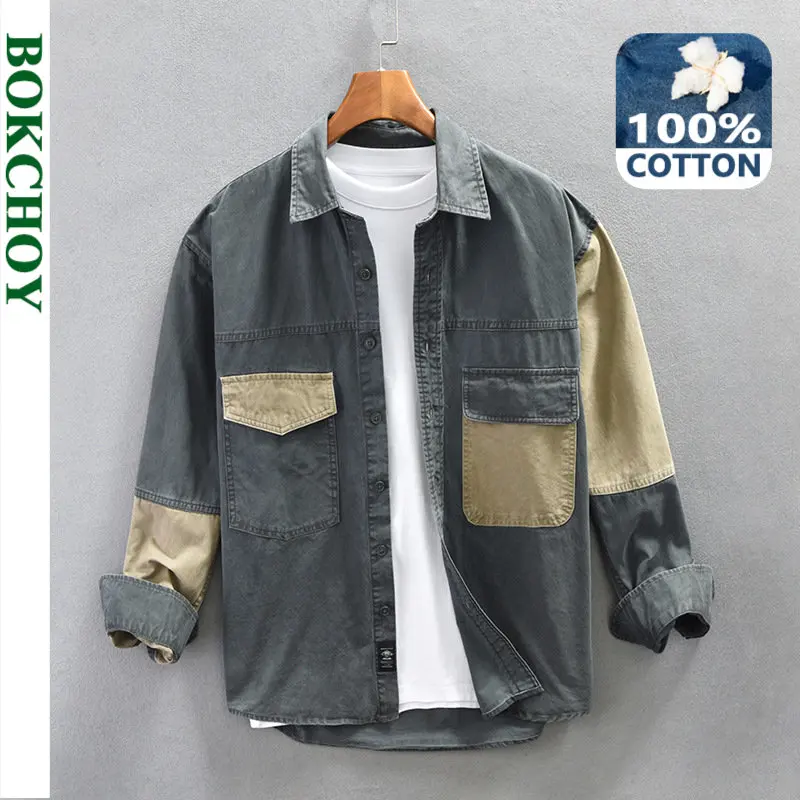 Spring New Cargo Casual Patchwork Shirt Men Big Pockets 100% Cotton Four Seasons Men Clothing Oversize AZ781