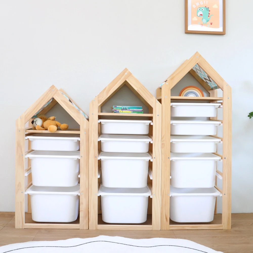 Children's Toy Book Storage Wood Rack Set with PP Storage Bin Cabinet for Kindergarten Shelving Sorting Save Space Space