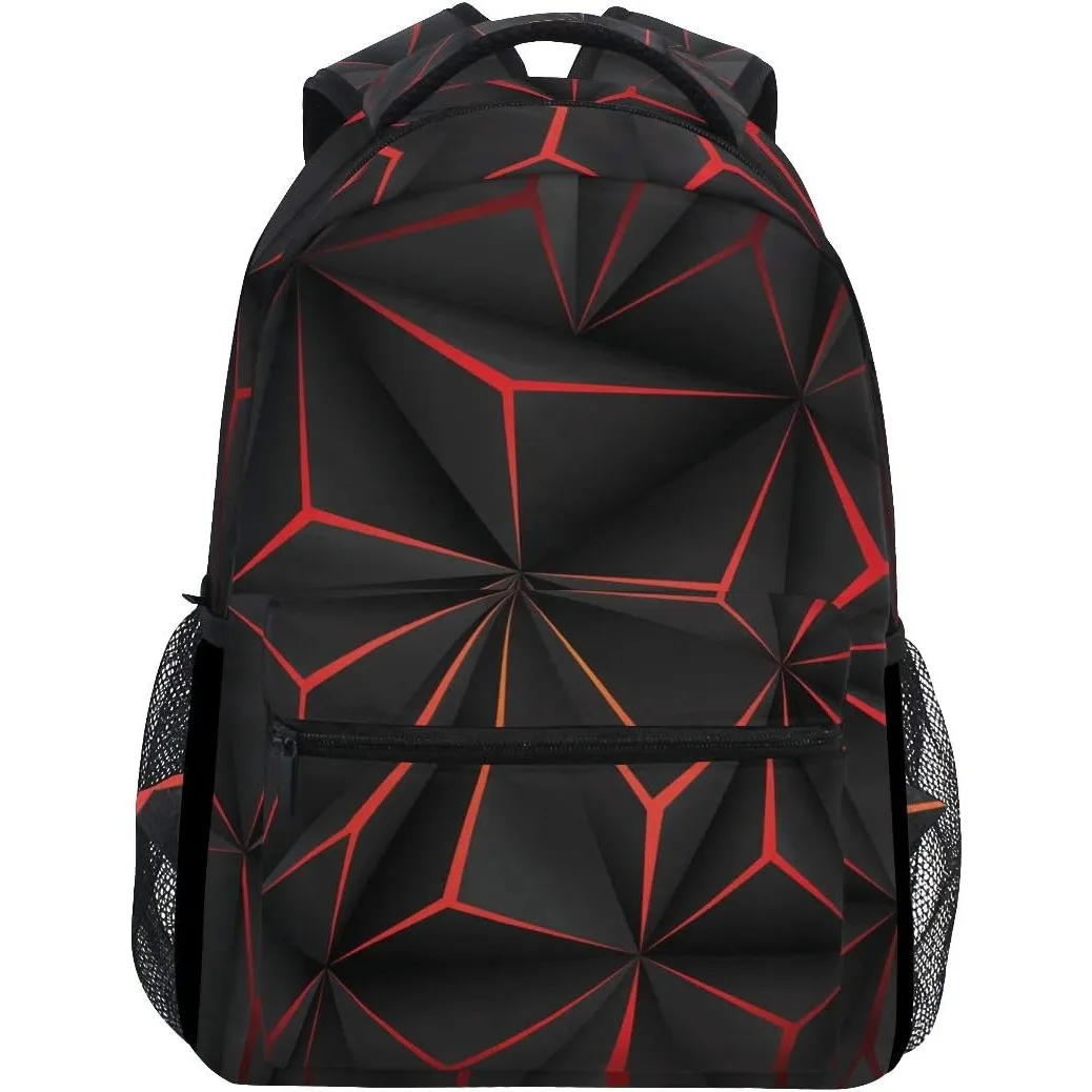 3D Geometric Black Polygon Red Futuristic Large Backpack Personalized Laptop IPad Tablet Travel School Bag with Multiple Pockets