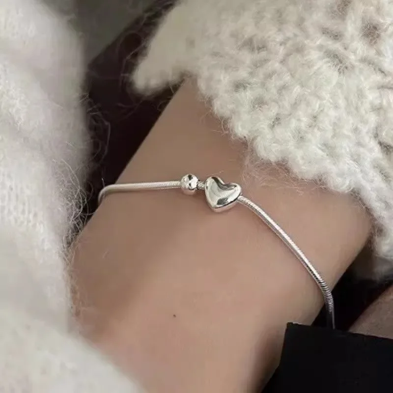 Silver Color Round Bead Heart-Shaped Snake Bone Bracelet for Women's Fashion Korean Version New Bracelet Wedding Jewelry