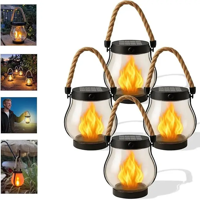 

New Cross-border Solar Flame Light Hemp Rope Lantern Courtyard Garden Mason Light Outdoor Solar Flame Lantern