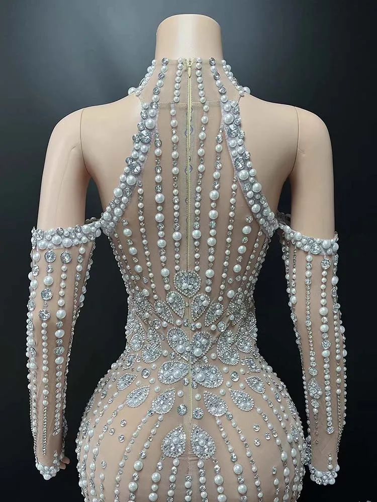 High quality rhinestone hot bead sexy off shoulder hanging neck slit dress 2025 new fashion custom women's clothing