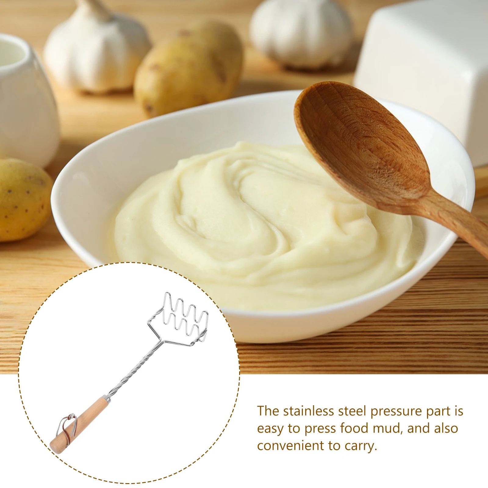 

Wooden H Potato Masher Reusable Stainless Steel Food Tool Smasher For Potatoes Kitchen Supplies Manual Crusher