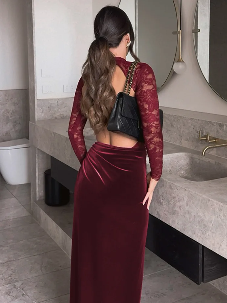 Mozision Lace Patchwork Velvet Sexy Maxi Dress For Women Wine Red O Neck Sheer Long Sleeve Backless Slit Club Party Long Dress