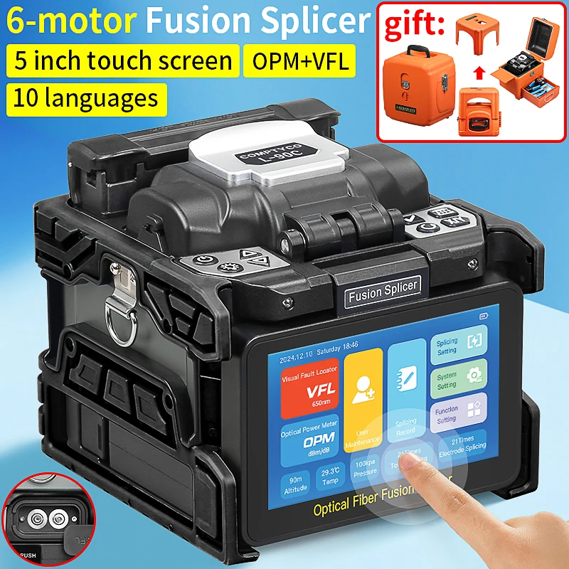 L-90C Optical Fiber Fusion Splicer with 6 Motors Multilingual Touch Screen SM MM Core Welding Machine with Built-in OPM VFL