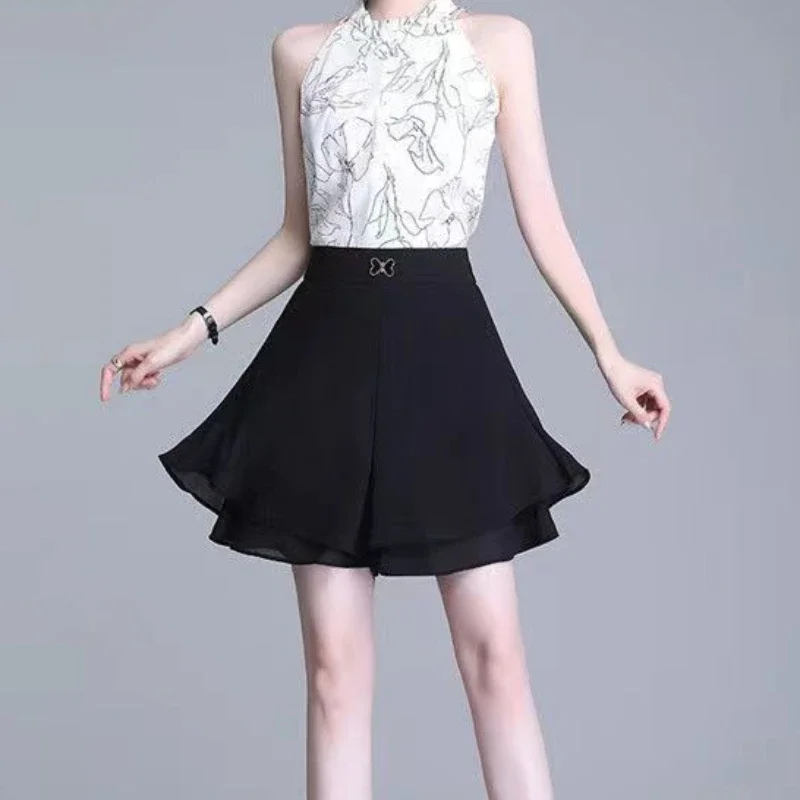 여성용 배기 스커트 팬츠 하이웨이스트 숏 쉬폰 블랙 루즈 큐롯 팬츠 야외 활동복 2000년대 스타일 Y2K 캐주얼