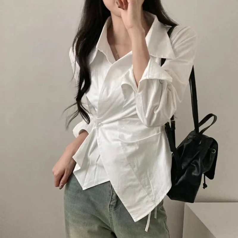 

Korean White Slim Striped Shirt Women Chic Long Sleeve Blouse Casual Button Irregular Female Spring Sweet All Match Tops New