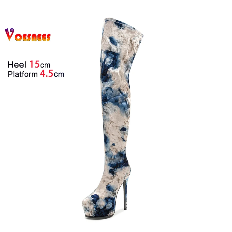 

Сексуальная сценическая обувь для ночного клуба на очень высоком каблуке 15 см, женские сапоги до бедра из эластичной ткани, разноцветные сапоги выше колена на платформе