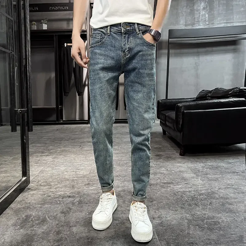 

Light Blue Trousers Male Cowboy Pants Slim Fit Tight Pipe Skinny Men's Jeans Harem Trend 2024 Retro Stacked Regular Stylish Soft